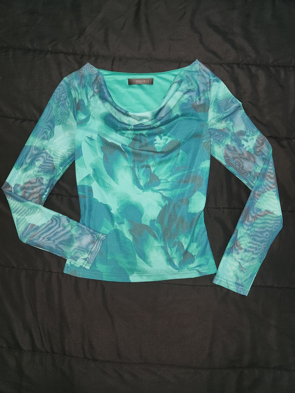 ZESICA Teal Floral Cowl-Neck Long Sleeve Top